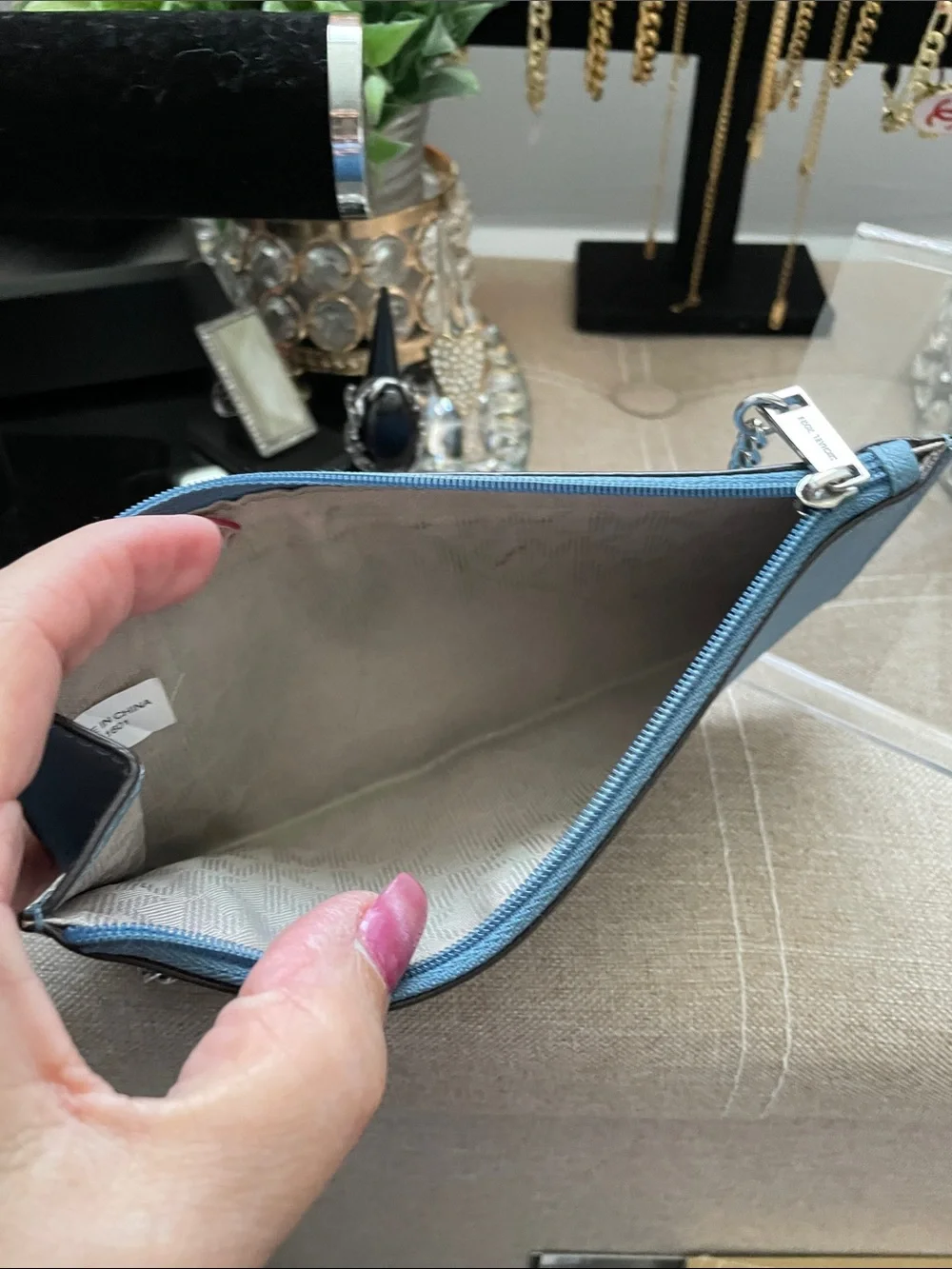✨MK Blue Leather Wallet Clutch with Silver Chain Strap✨Preloved